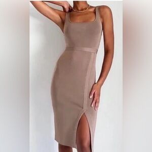 Aritzia Babaton Bodycon Tan Dress with Slit NWT - L
